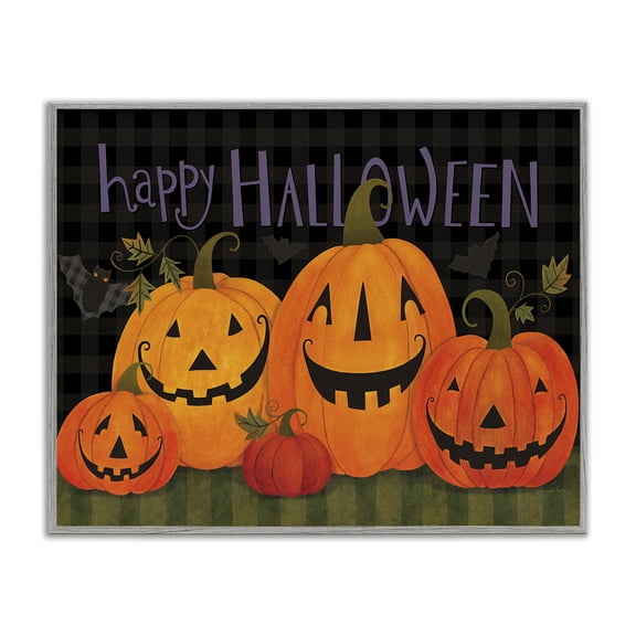 Stupell Industries Cottage Halloween Smiling Jack-o-Lanterns Gray Framed Giclee Art, 20 x 16, by Bernadette Deming