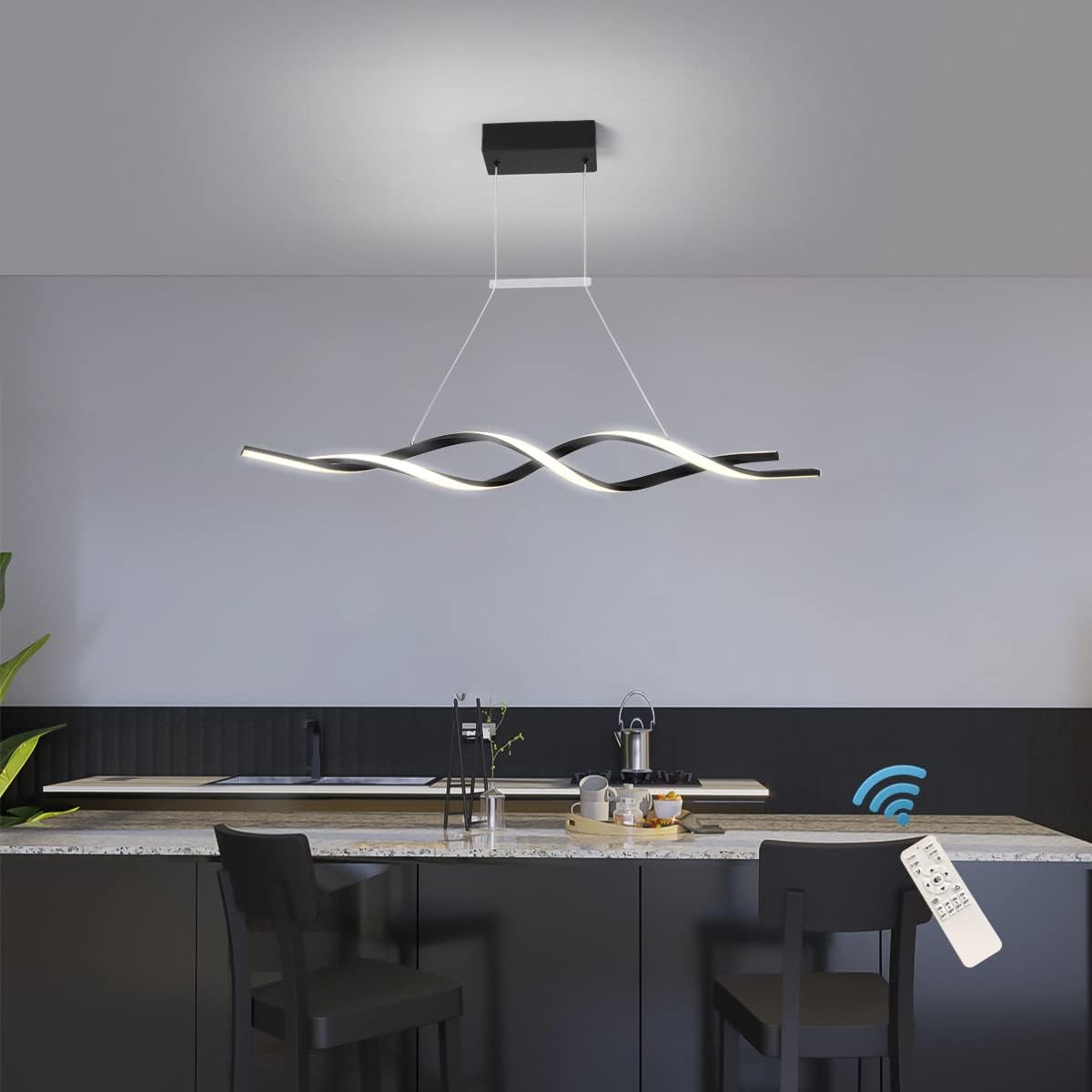 Garwarm Modern Chandelier Light, Dimmable LED Pendant Light with Remote Control, Acrylic Wave Chandeliers for Dining Rooms Bedroom Kitchen Restaurant, 3000K-6000K, 28W, Black