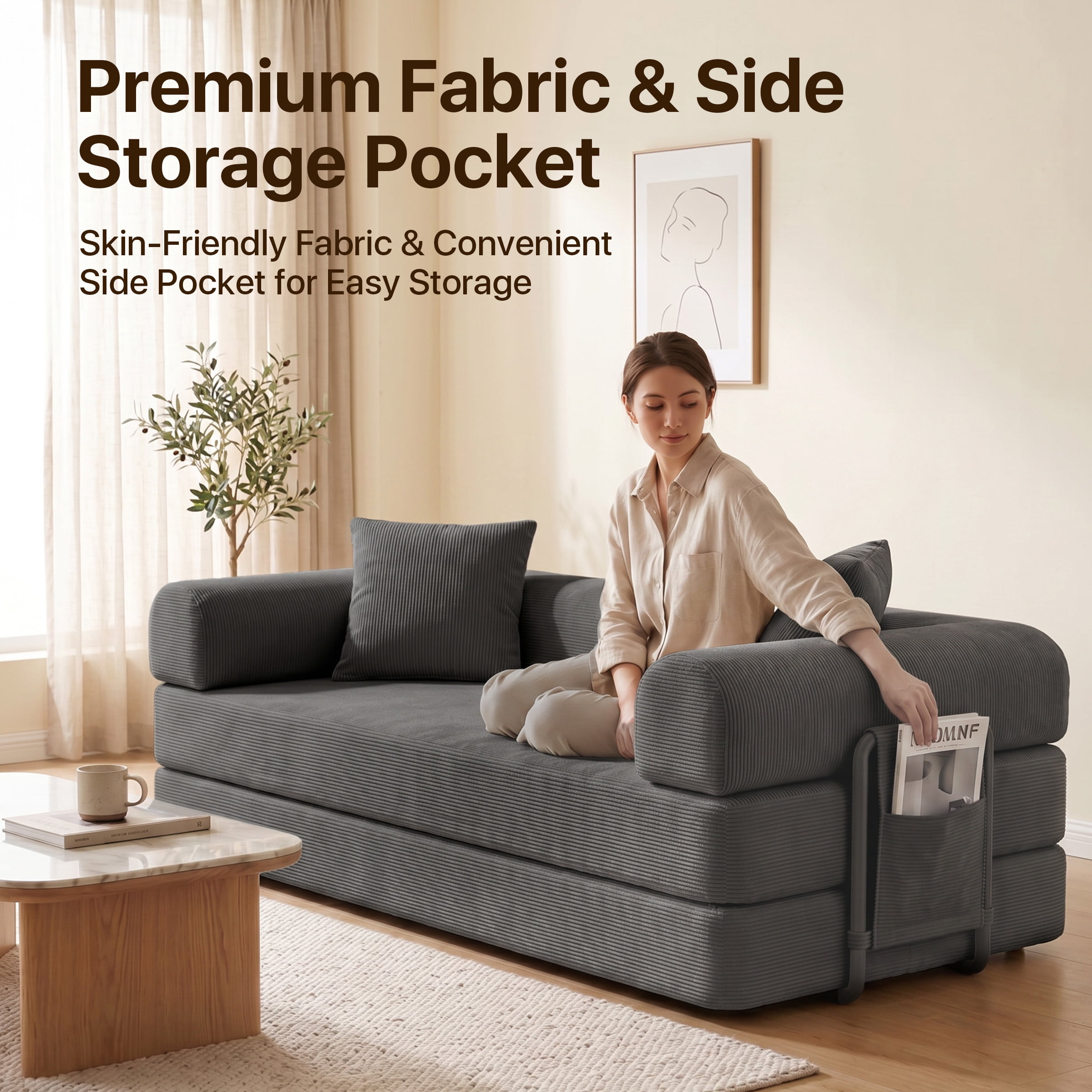 Modular Sectional Sofa Couch with Two Storage Bag, Plush Corduroy Upholstered Couch, Modern Sleeper Couches for Living Room, No Assembly Required, Gray