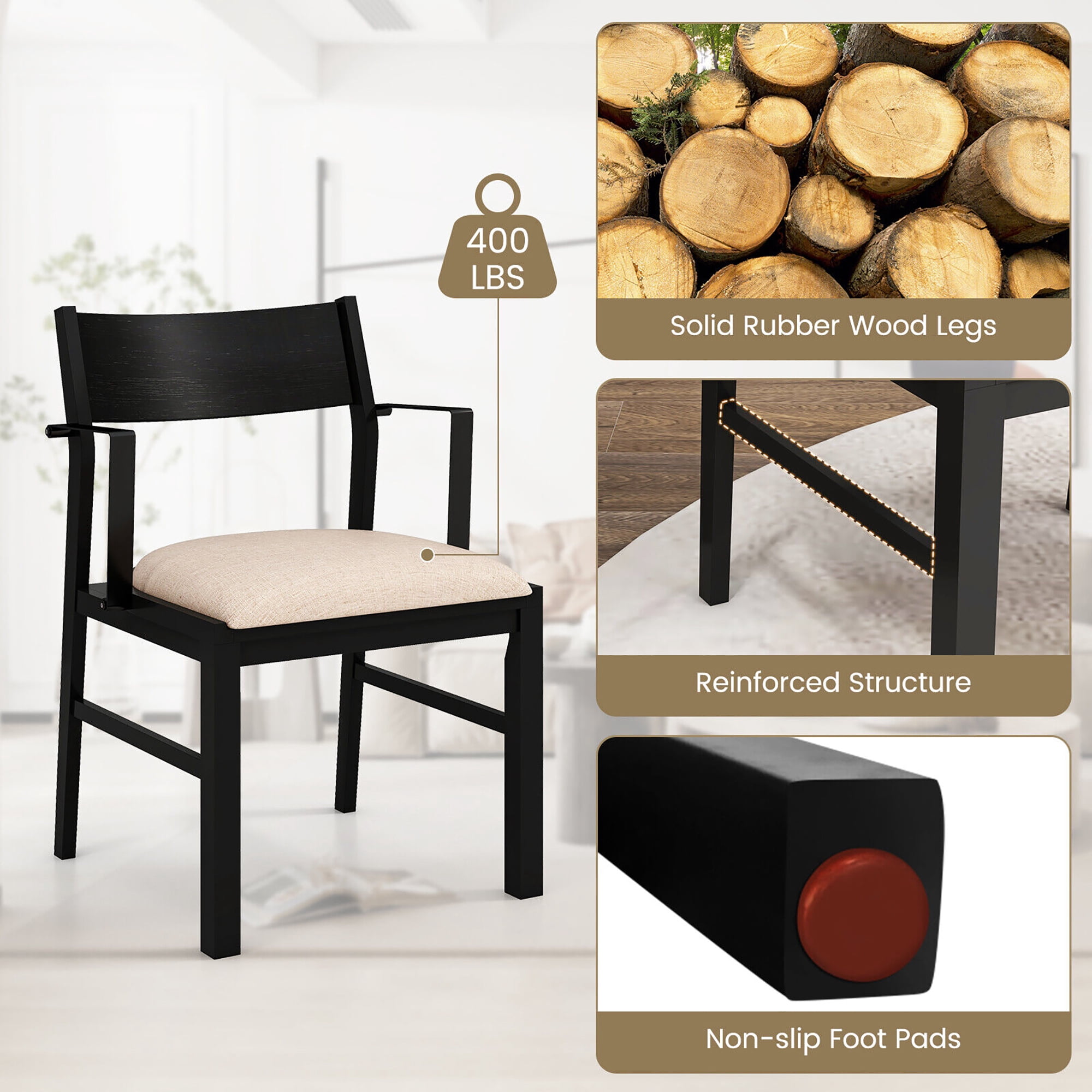 Gymax Dining Chair w/ Arms Set of 2 Modern Kitchen Chairs & Contoured Backrest Black & Beige