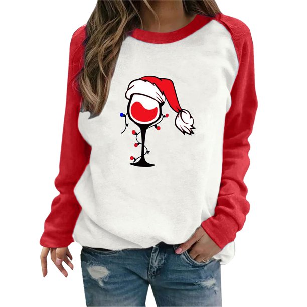 Gibobby Sudadera navideña mujer Suéter de manga larga con contraste de felpa de felpa con estampado de manga de vellón para mujer(Rojo,CH)