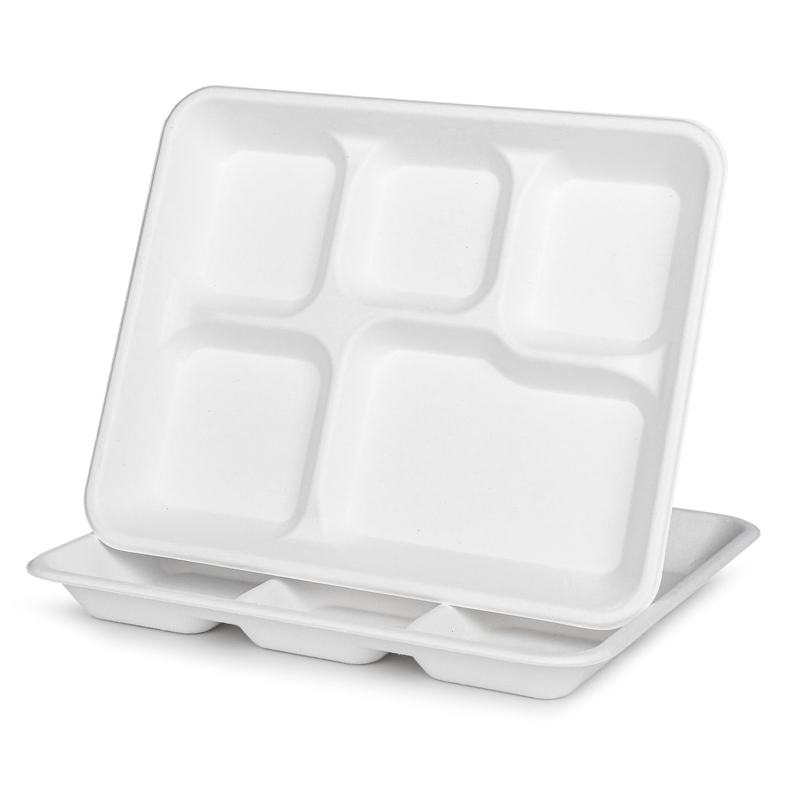 Pony Packaging 100% Compostable 5 Compartment AFN1Plates, 125 Pack White Disposable Paper Plates, 10 * 8 inch Heavy-Duty Divided Disposable Plate for Party Dinner Lunch Buffet
