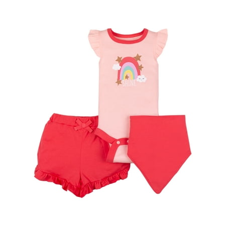 100% Organic Cotton Flutter Sleeve Bodysuit, Ruffle Shorts & Bandana Bib, 3pc Outfit Set (Baby