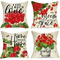 Red Geranium Flower Decorative Throw Pillow Covers 18 x 18 Set of 4, Sweet Home Floral Bloom Spring Summer Cushion Case Decor, Live Laugh Love Plant Botanical Decoration for Sofa Couch