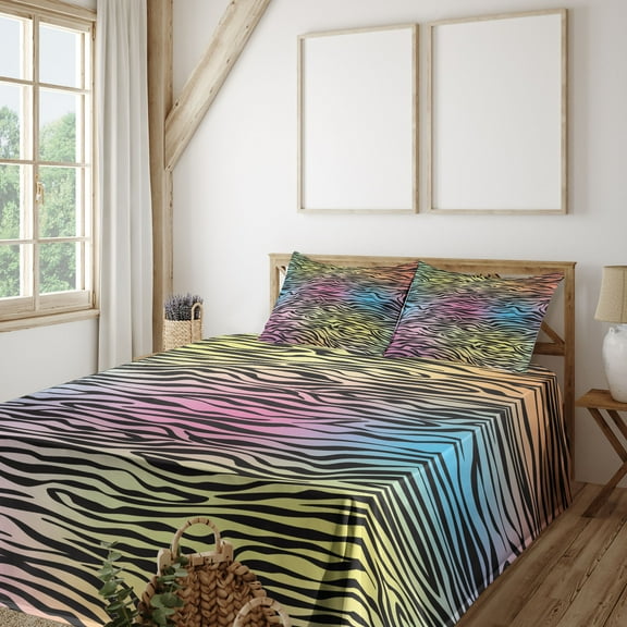 Ambesonne Savannah Fitted & Top Sheet Set with Shams, Colorful Wildlife Zebra, Yellow Coral Pink