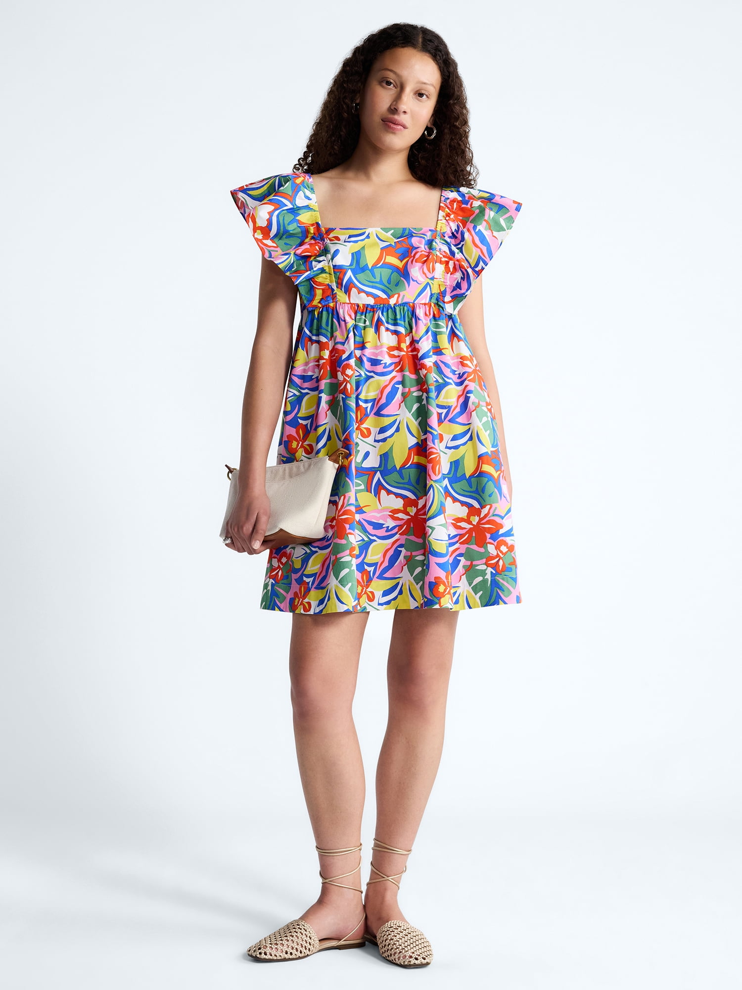 Free Assembly Women's and Women's Plus Square Neck Flutter Sleeve Mini Dress, XS-4X