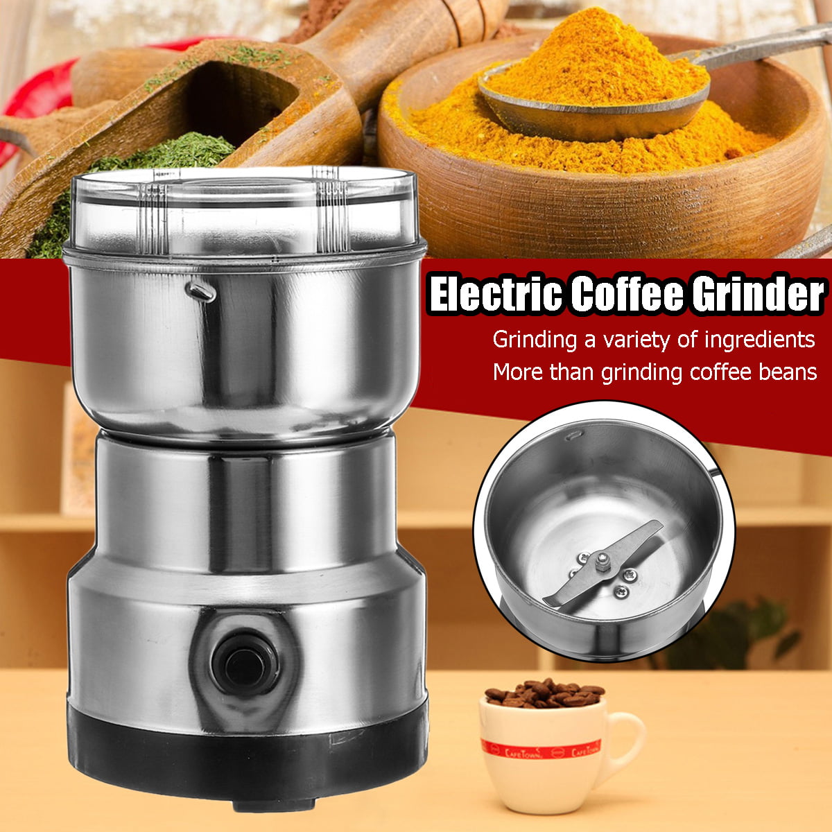 Coffee Bean Herbs Electric Coffee Grinder Sararoom Coffee Bean and Spice Grinder Mill 110V Low Noise DC Motor with Stainless Steel Body and Blades for Burr Spices Grains and More Nuts 