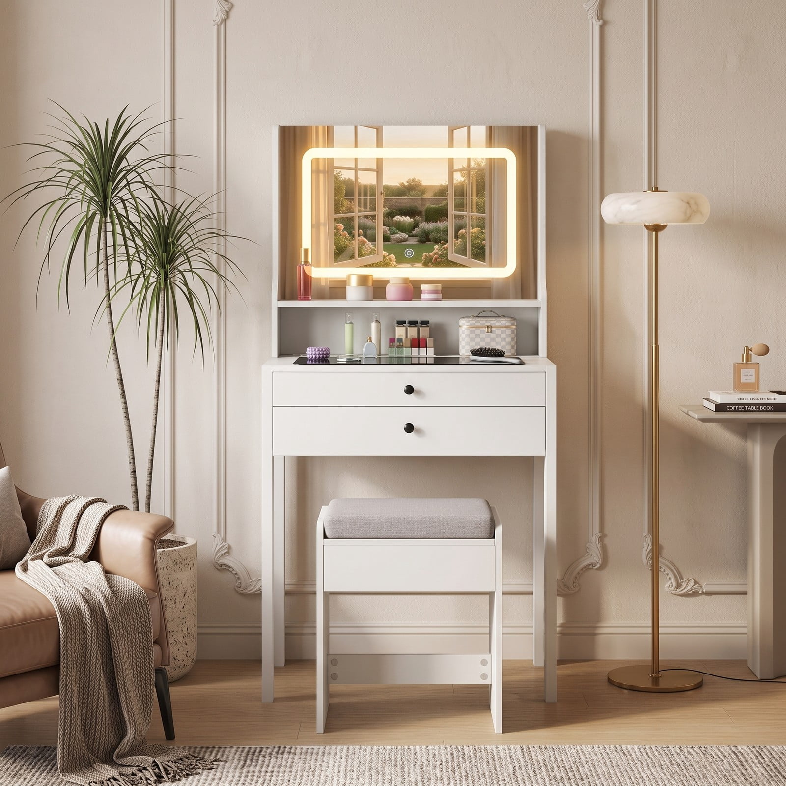 Furnibear Small Vanity Desk with Mirror and Lights, Compact Makeup Vanity Table with Power Outlets, 2 Drawers and Cushioned Stool for Bedroom, White