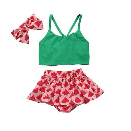 

Baby Girls Watermelon Print Romper Infant Girls Off Shoulder Tops Clothes Cute Ruffle Outfit with Headband Set