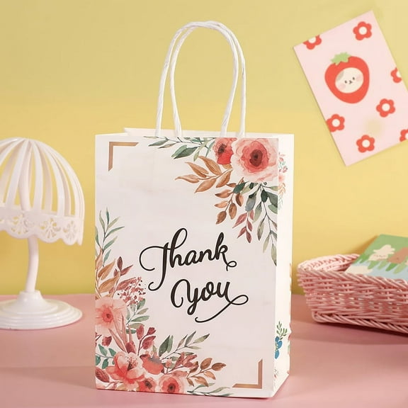 Nvzi 12pcs Kraft Paper Floral Gift Bags with Handles Thank You Flower Bags with Tissue Paper Kraft Paper Treat Bags for Spring Mothers Day Weddings Birthday Supplies(G)