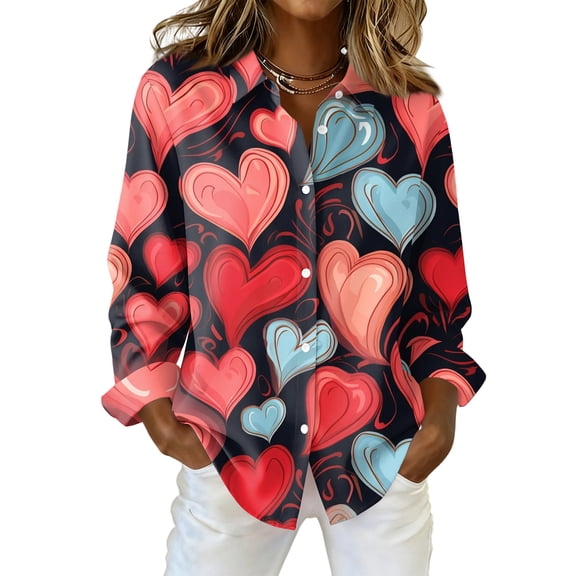 Dwralegc Valentine Shirts for Women Long Sleeve Collared Tops Lightweight Casual Heart Print Blouses Plus Plus Size Valentine Shirts Black XL