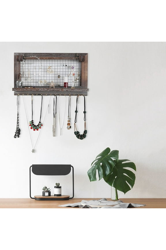 Wall Mounted Wooden Holder Hanging Jewelry Organizer with a Removable Bar, a Shelf and 15 Hooks, Rustic Brown