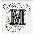 thumbnail image 2 of Letter M Shower Curtain, Abstract Ornamental Design in Dark Color Scheme Swirls and Lines Eastern, Cloth Fabric Bathroom Decor Set with Hooks,  Black Grey White, 2 of 4