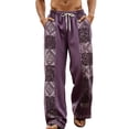 thumbnail image 2 of SGFCWSX Mens Harem Pants Print Patchwork Elastic Waist Drawstring Pockets Loose Boho Hippie Beach Casual Pants Purple Size M, 2 of 5