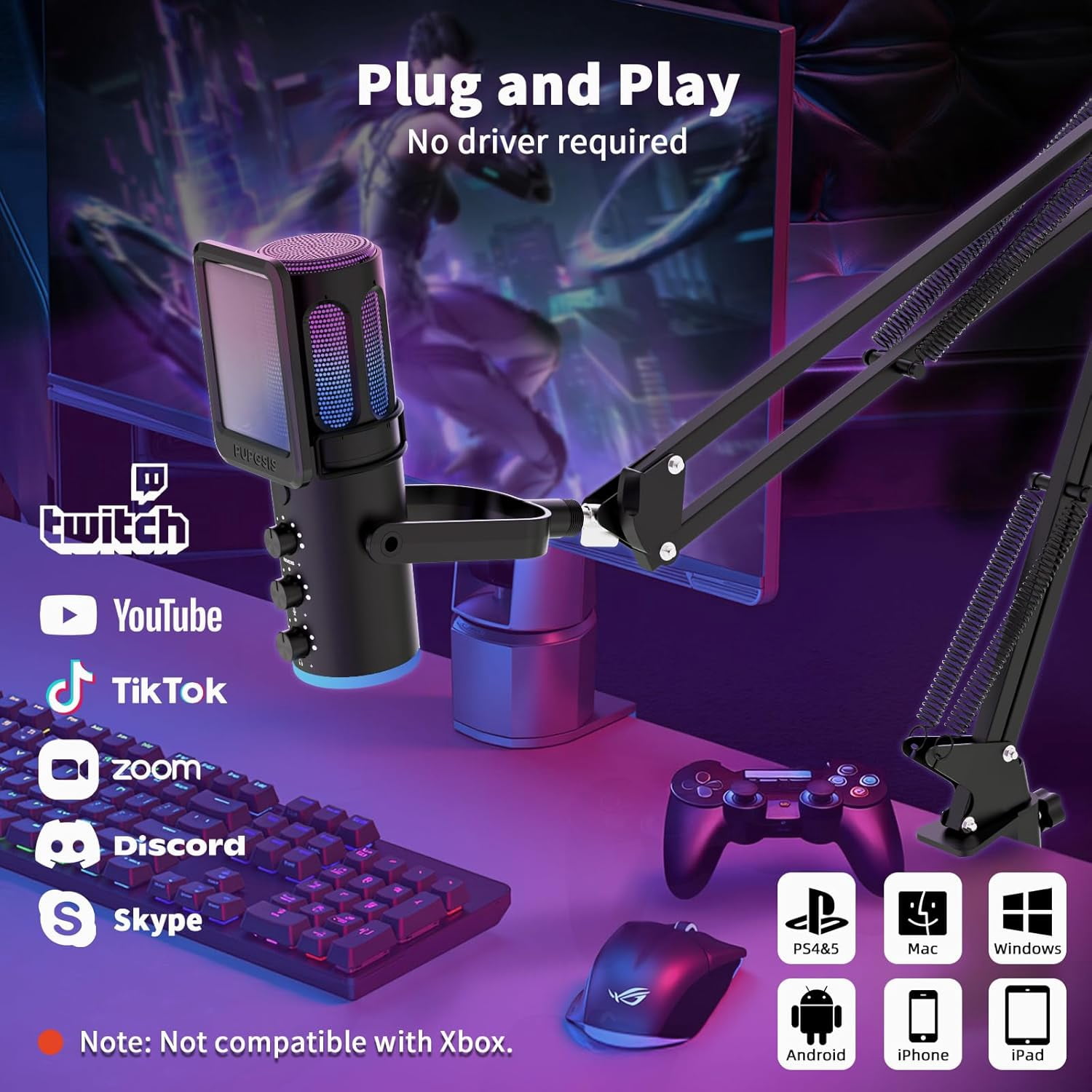 Pupgsis USB Condenser Gaming Microphone with Noise Reduction, Mute, Reverb, Monitor, Adjustable Stand for PC, PS4, PS5, Mac, Podcasting