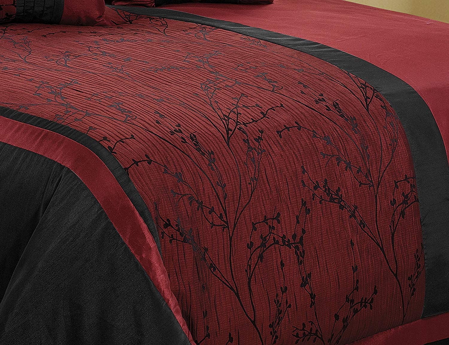 EvJk 7 Piece Traditional Comforter Set, Jacquard Patchwork, Burgundy, Queen