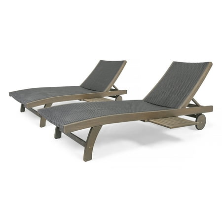 Emmanuel Outdoor Wicker and Wood Chaise Lounge with Pull-Out Tray Set of 2 Gray Gray