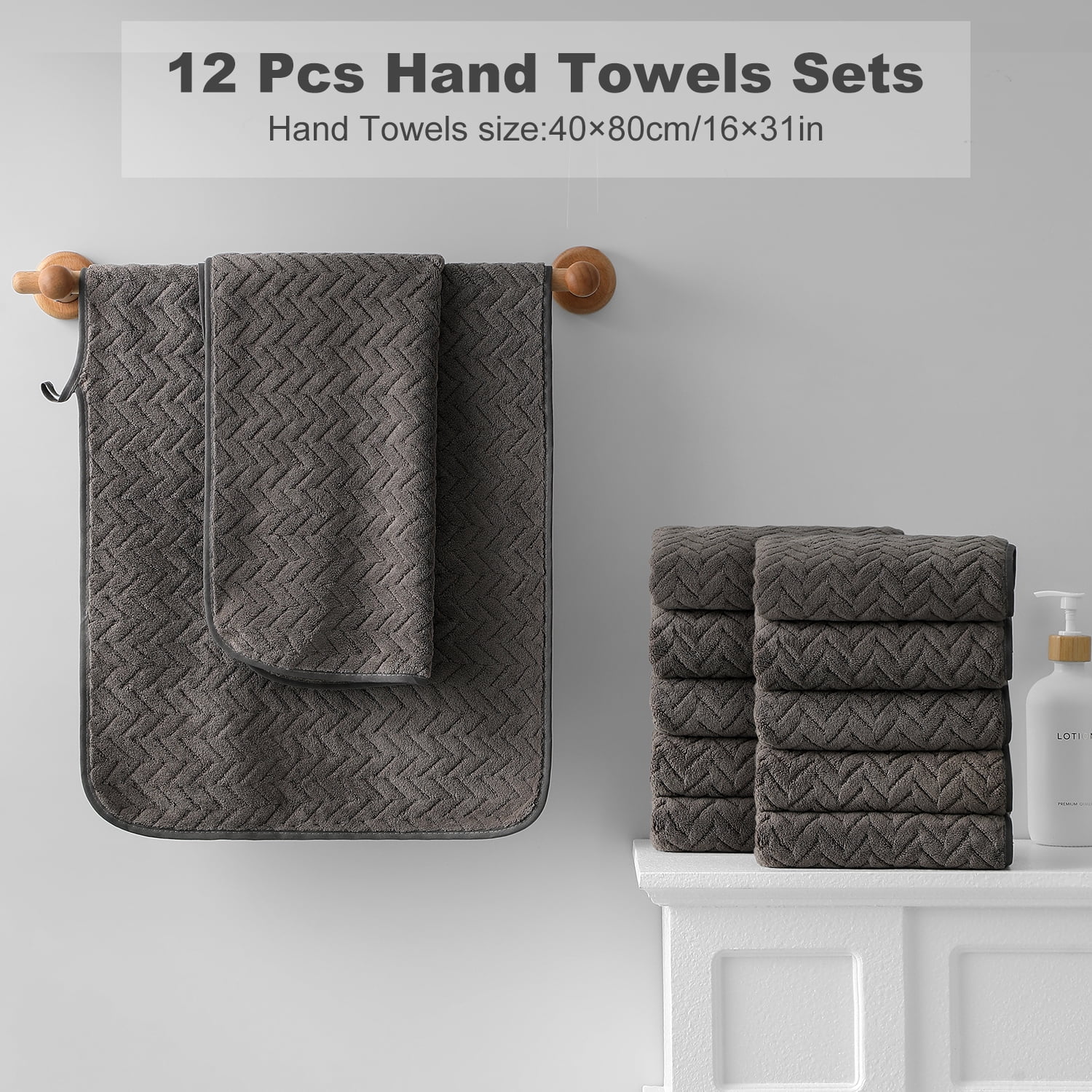 Jessy Home 12 Pack Black Brown Hand Towel Set 16"x31" Soft Highly Absorbent Quick Dry Bathroom Bath Hand Towels Microfiber Plush Towels