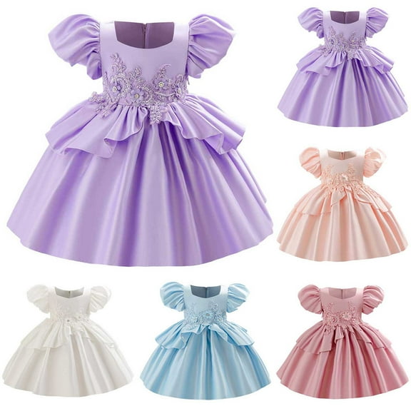 Miluxas Toddler Girl Flower Girl Princess Dresses Tulle Puff Sleeve Party Tutu Dress for Birthday White 2 Years