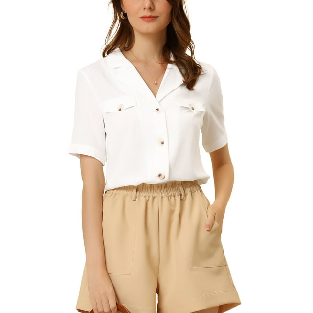 INSPIRE CHIC Women's Lapel Collar Top Button Down Short Sleeves Work Shirt White S