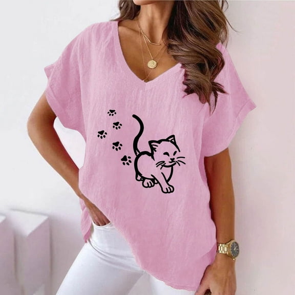 Spring Tops for Women 2025 Viikei Womens Shirts Clearance,Womens Floral Tops for $5 Tops,Women V-neck Print T-Shirts Fashion Comfortable Female Blouses Pink S
