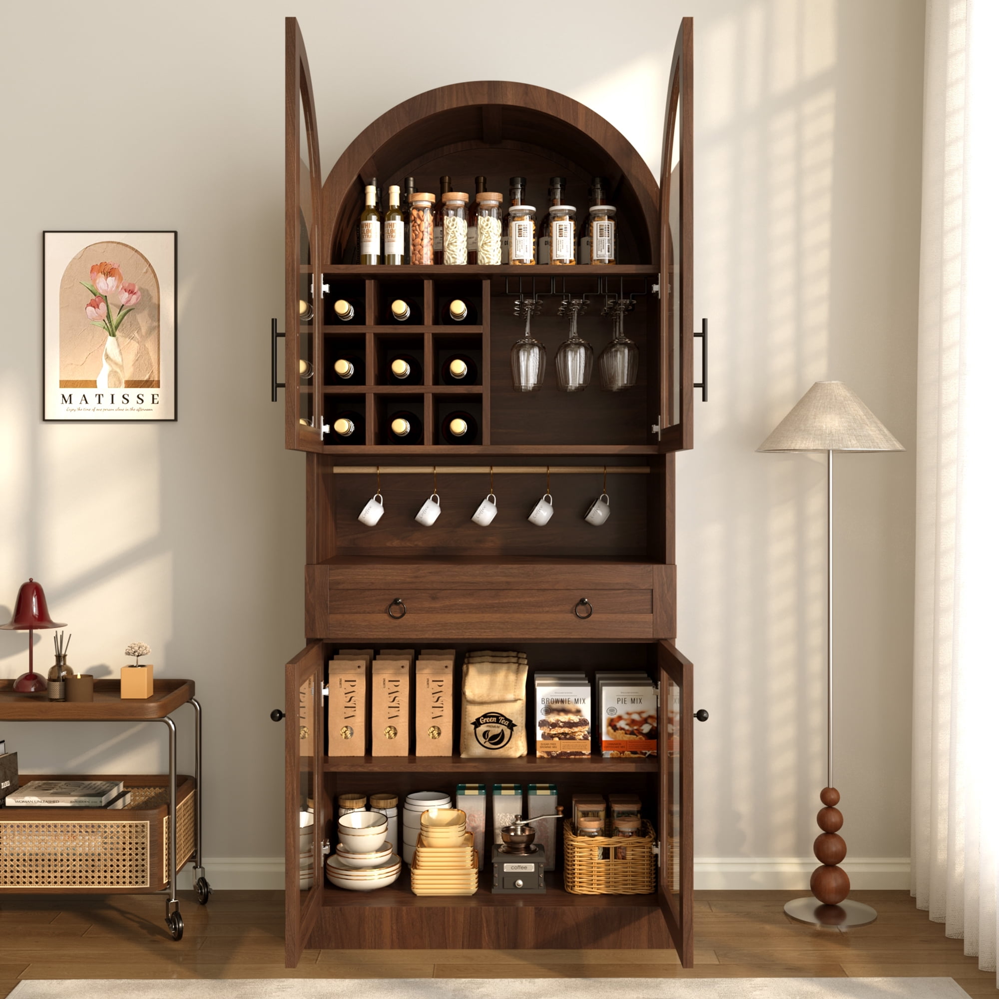 Mintazer 70" Tall Arched Bar Cabinet with Tempered Glass Doors, Freestanding Storage Buffet Sideboard with Removable Wine Rack & Cup Hooks for Dining Room Kitchen Living Room, Walnut