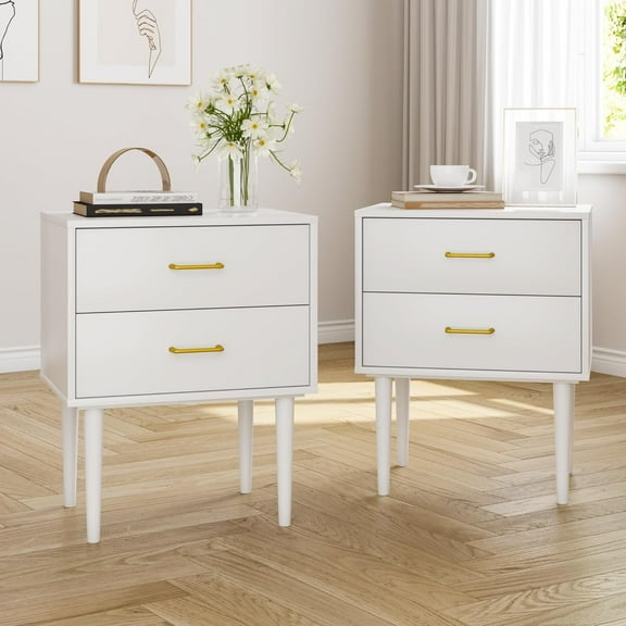 Semiocthome White Nightstand Set of 2 with 2 Drawers & Glod Metal Handle, 26" H Wood Night Stand with Wide Tabletop, Modern Bedside Tables with Solid Wood Legs, Sofa Storage End Table for Bedroom