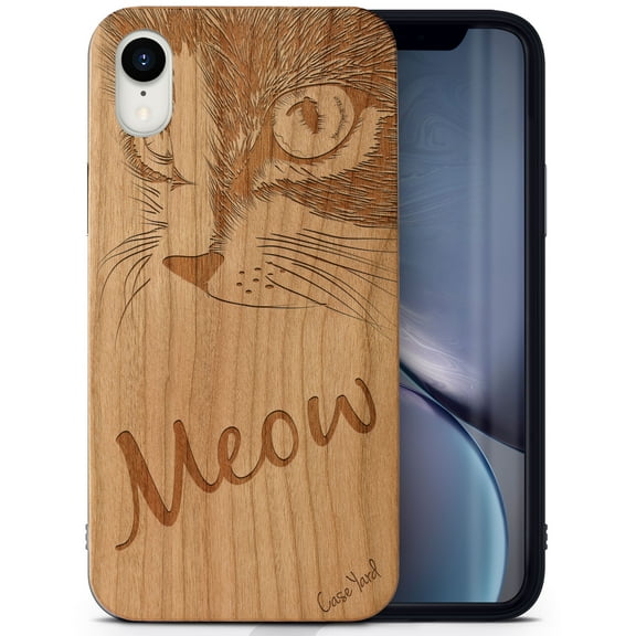 Case Yard Wooden Case Outside Soft TPU Silicone, Slim Fit Shockproof Wood Protective Phone Cover for Girls Boys Men and Women, Supports Wireless Charging Meow Design case for iPhone-XR