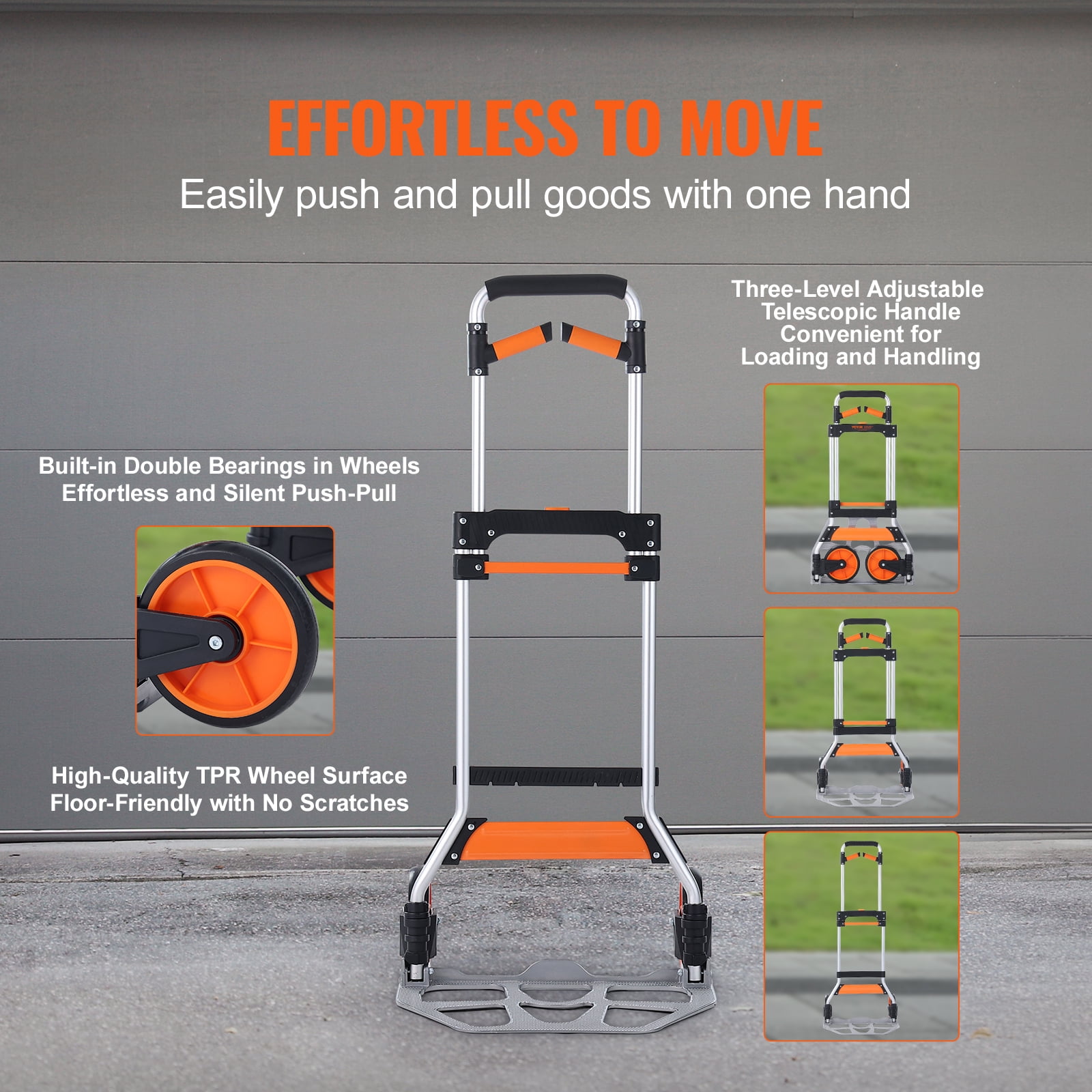 VEVOR Folding Hand Truck, 309 lbs Load Capacity, Aluminum Portable Cart, Convertible Hand Truck and Dolly with Telescoping Handle and PP+TPR Wheels, Ultra Lightweight Super Strong