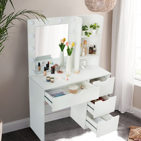 BEKAY Wooden Modern Makeup Vanity Table with  3 Light Modes , 4 Drawers Makeup Dressing Table for Girl Christmas ,New Year ,Birthday Gift
