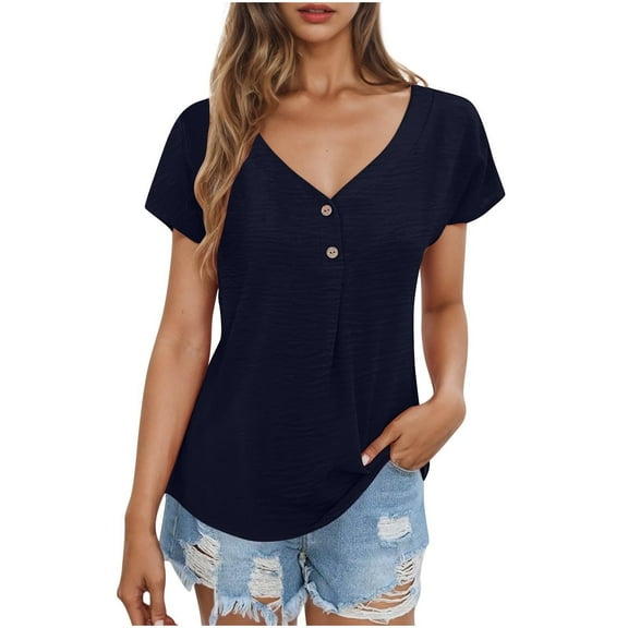 Olyvenn Women's V Neck Summer Tops Casual Loose Fit Henley Shirts Button Down T Shirts Tunics Solid Color Basic Tee Shirts Dark Blue L