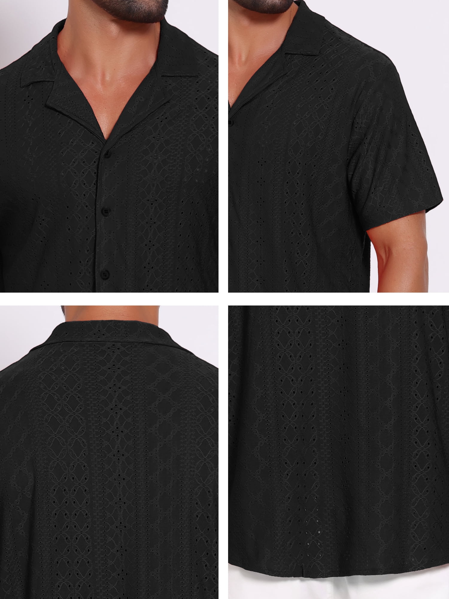 DARING DIVA Men's Hollow Texture Knit Short Sleeve Camp Collar Shirt 2XL Black