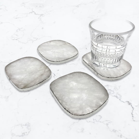 Modern Home Set of 4 Natural Rock Crystal Quartz Stone Coasters (Silver)
