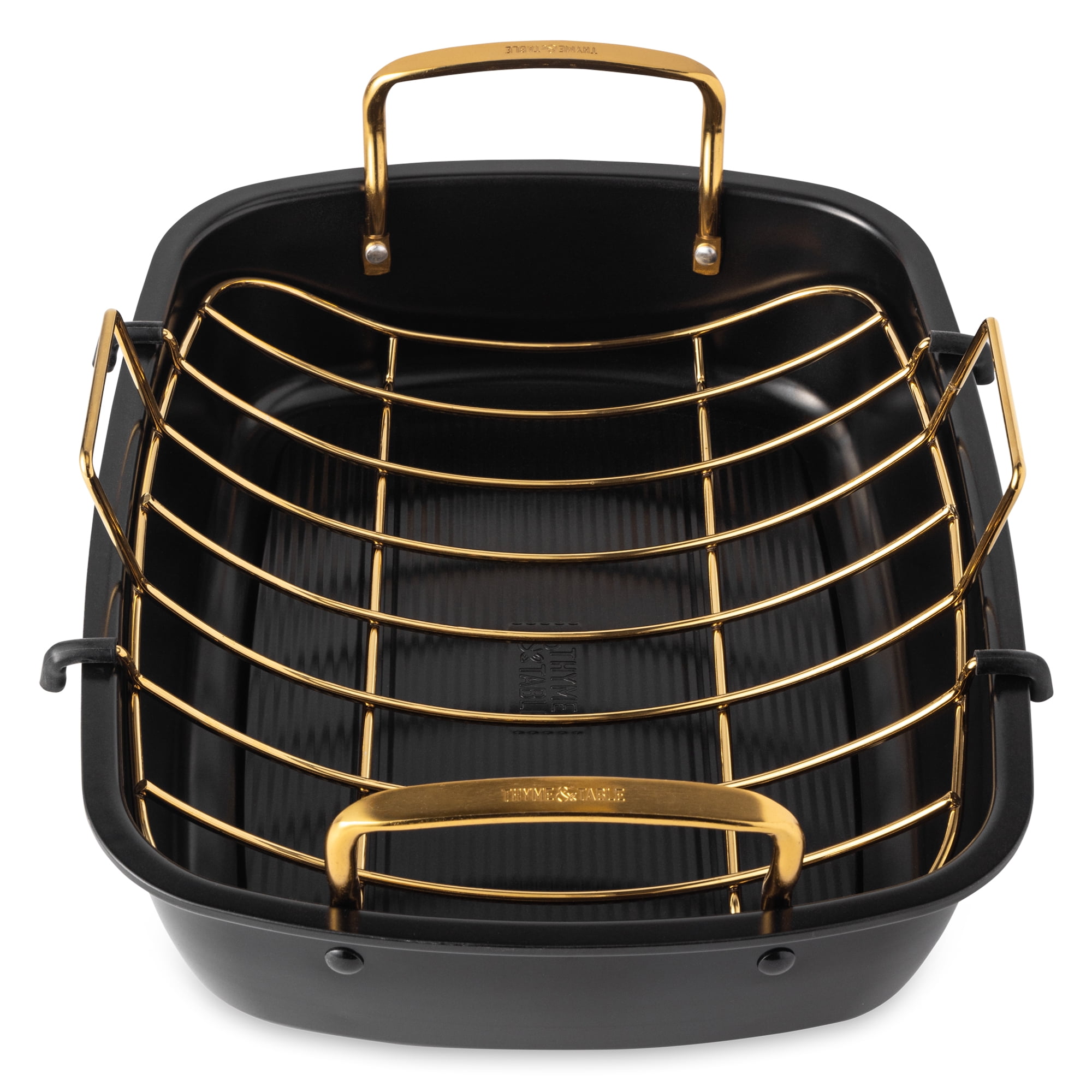 Thyme & Table 17-inch Carbon Steel Non-Stick Roasting Pan with Rack - Black and Gold