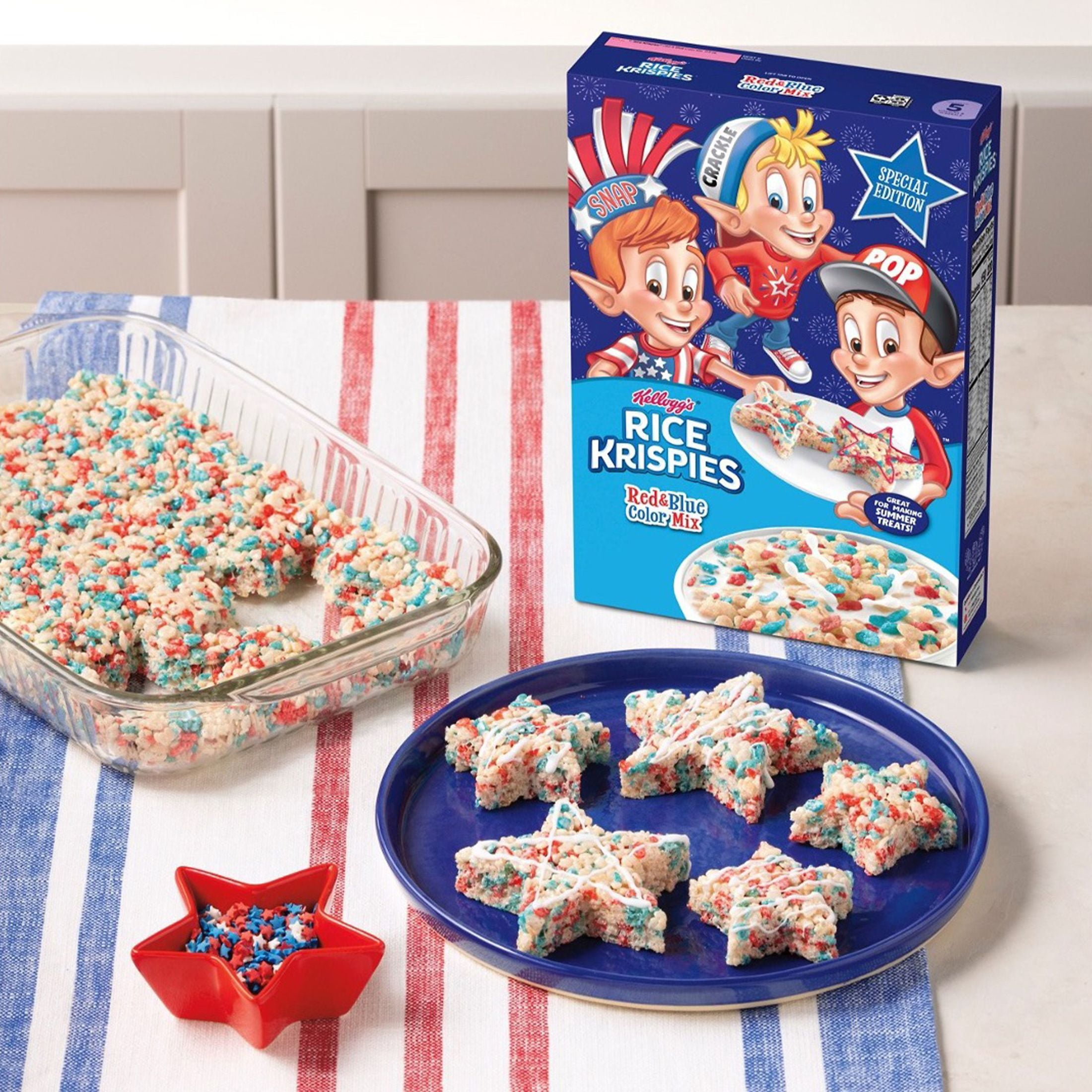 Kellogg's Rice Krispies Breakfast Cereal, Summer Snacks, Family Breakfast, Family Size, Red and Blue Color Mix, 12oz Box (1 Box)