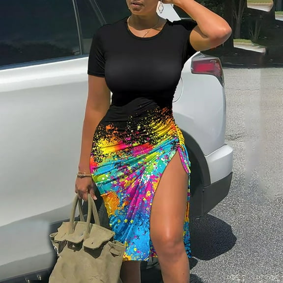 Viikei Plus Size Short Sleeve Dress for WomenSummer O-Neck Printed Drawstring Slitting Dresses