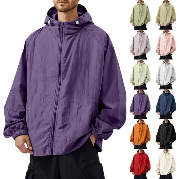 Zimjoy Men's Soft Shell Jacket Athletic Big and Tall UV Protection Full Zip Jackets Lightweight Hooded Windbreaker Jacket with Pocket Fishing Hiking Coat, Purple L