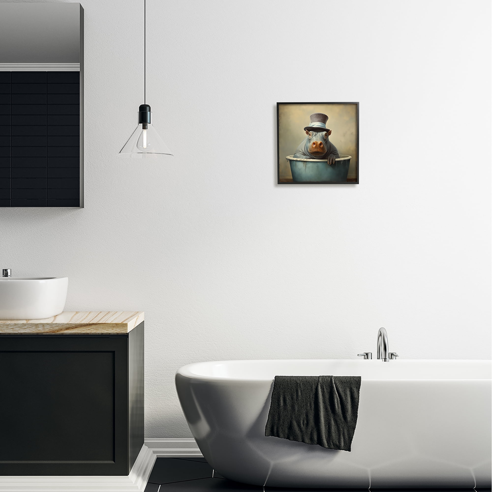 Stupell Industries Hippo Rustic Tub Animals & Insects Painting Black Framed Art Print Wall Art, 12 x 12