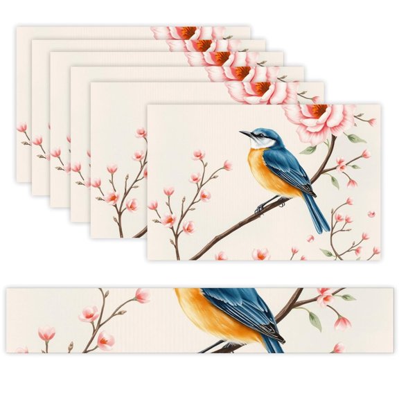 7 Piece Linen Table Runner and Placemats Set, Bird Cherry Blossom Round Corner Heat Resistant Washable Table Mats for Home Kitchen Dining Party Decoration