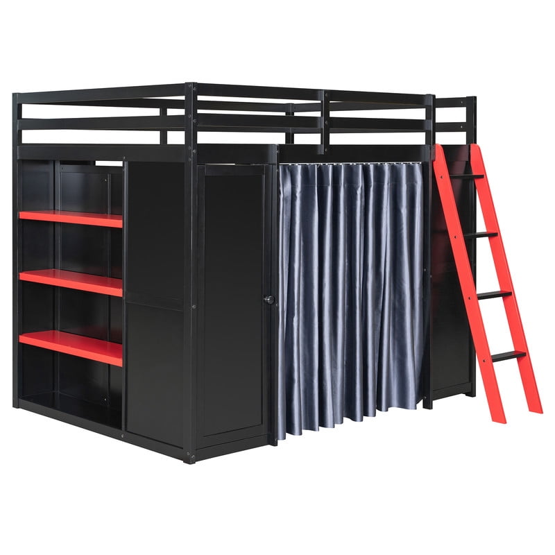 Full Size Wood Loft Bed with Wardrobe, Desk, Shelves, Blackout Curtains & RGB LED Lights, Space-Saving Gaming Loft Bed Frame with Storage Cabinet and Workstation for Teens & Adults