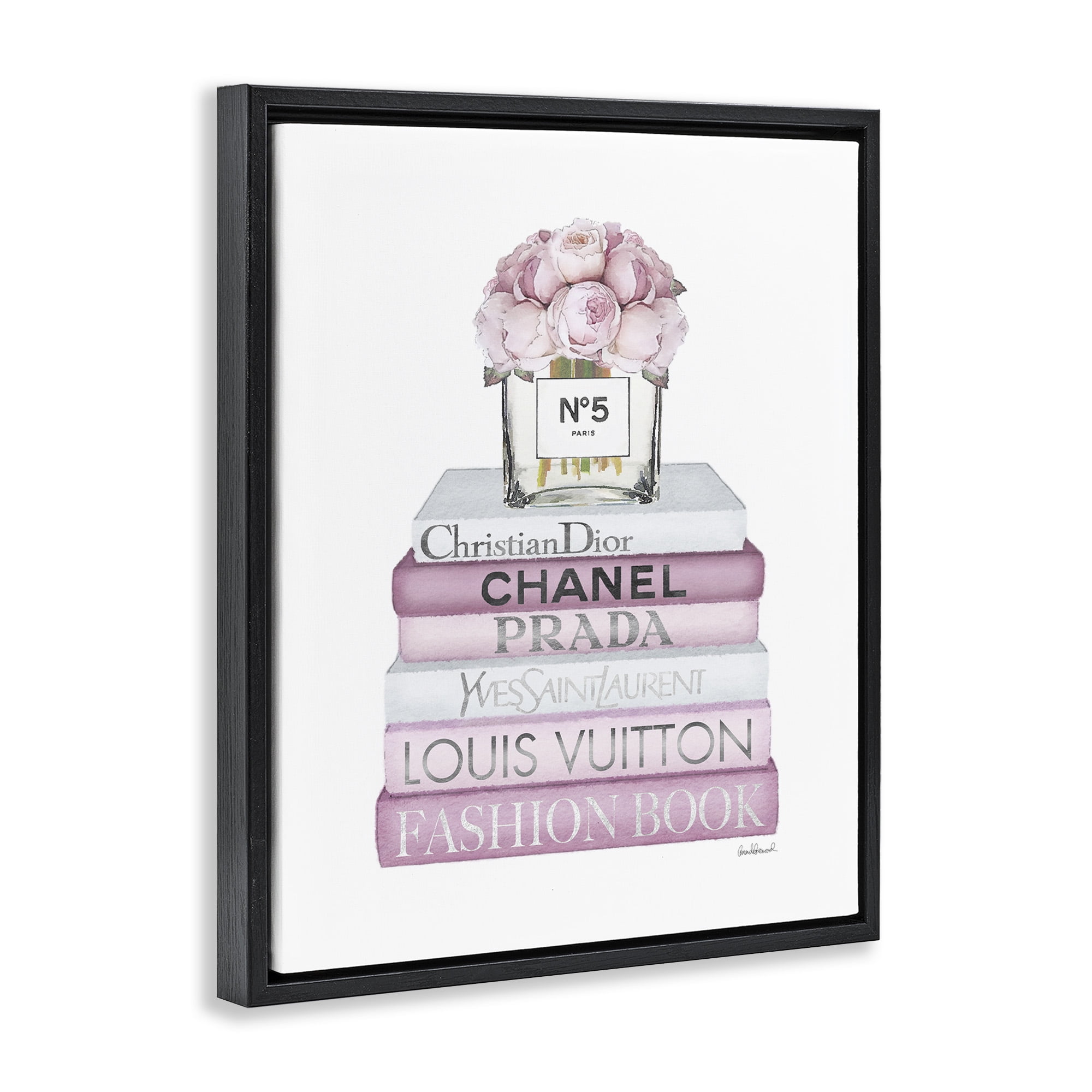 Stupell Industries Rose Bouquet & Designer Bookstack Beauty & Fashion Painting Black Floater Framed Canvas Art Print Wall Art, 25 x 31