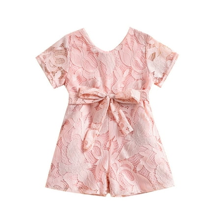 

Calsunbaby Toddler Infants Baby Girls Summer Romper Short Sleeve Crew Neck Lace Flower Short Jumpsuit One-Piece Streetwear with Belt