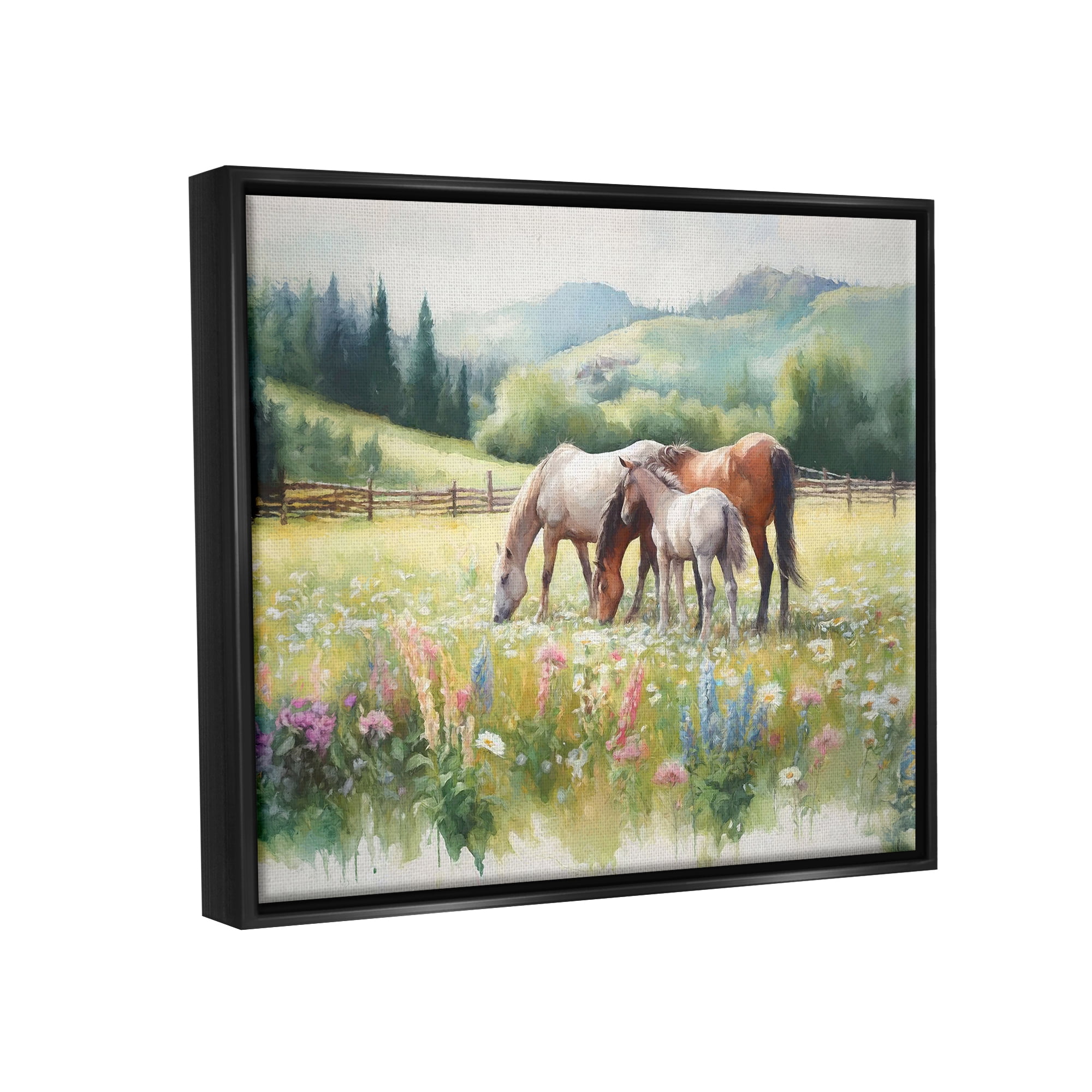 Stupell Industries Horses in Spring Meadow Animals & Insects Painting Black Floater Framed Canvas Art Print Wall Art, 31 x 25