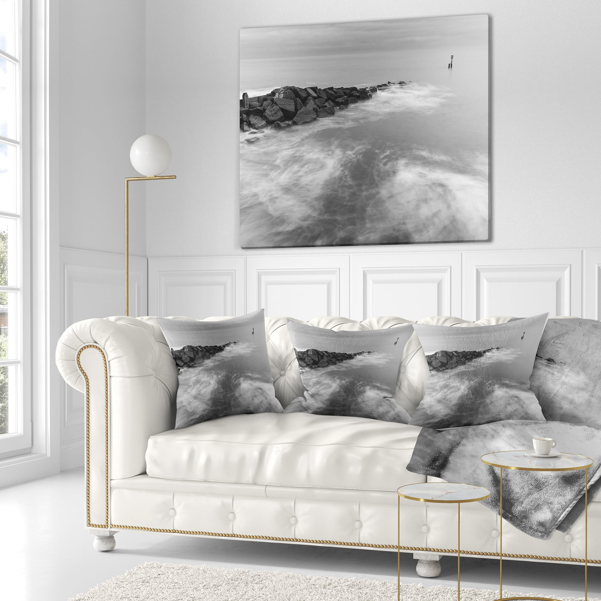 Designart Milky Waves Splashing Over Rocks - Modern Seascape Throw Pillow - 18x18