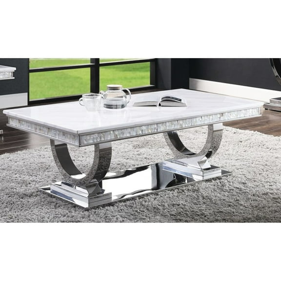 White Coffee Table - Faux Marble Top & Mirrored Silver Finish, 18mm Thick, Elegant For Living Space, Stainless With Contemporary Area, Strong Steel