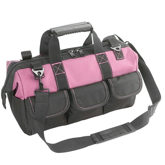 Yongzhenlite Garden Tools Bag 16inch Wide Mouth Tool Tote with Molded Base and Multi-Pockets for Men Heavy Duty,600D polyester fabric (Pink color)