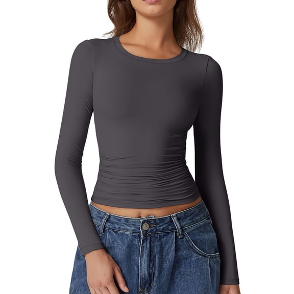 Fshiont Womens Crewneck Long Sleeve Shirt Double Lined Basic Tees Side Ruched Going Out Crop Tops Dark Gray L