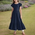 thumbnail image 3 of Girls Dresses Party Dresses for Girls Girls Summer Pleated Short Sleeve Round Neck Loose Casual Flowy Layered Extra Long Dress With Pockets, 3 of 7
