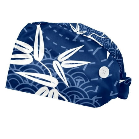 

2PCS Working Cap with Buttons and Sweatband Adjustable Tie Back Hats Bouffant Caps Bamboo Leaves Scrub Turban Hat