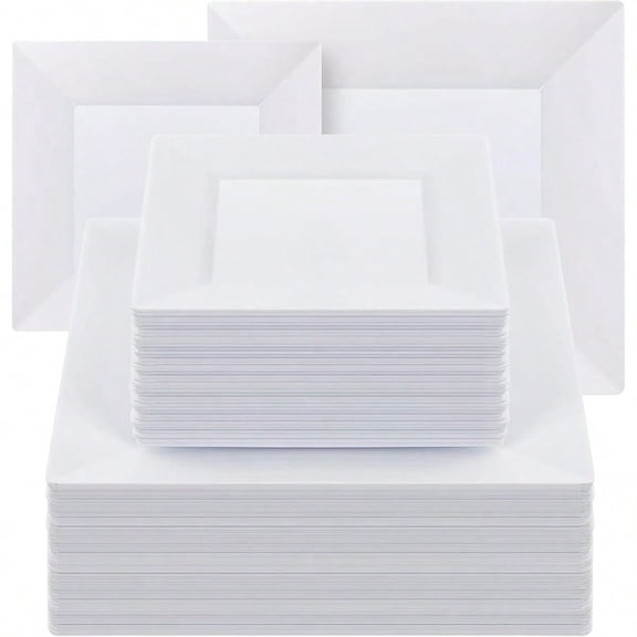 100 Pack Square Plastic Plates Heavy Duty 50 Dinner Plates 9.5 and 50 Dert Plates 6.5 Fancy Disposable Plates for Wedding Holiday Party Birthday White